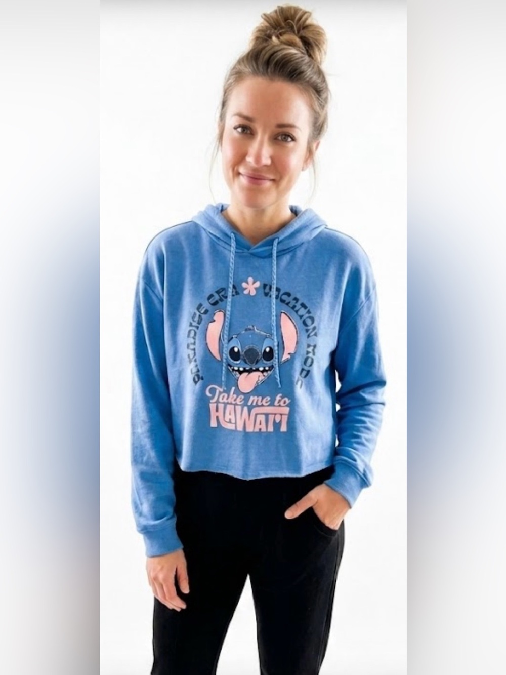 Disney Stitch Take Me to Hawaii Cropped Hoodie Women’s Medium Blue Pullover